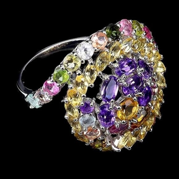 Natural‎ Oval Citrine 6x4mm & Tourmaline Gems 925 Sterling Silver Ring Sz 9 - Picture 2 of 3